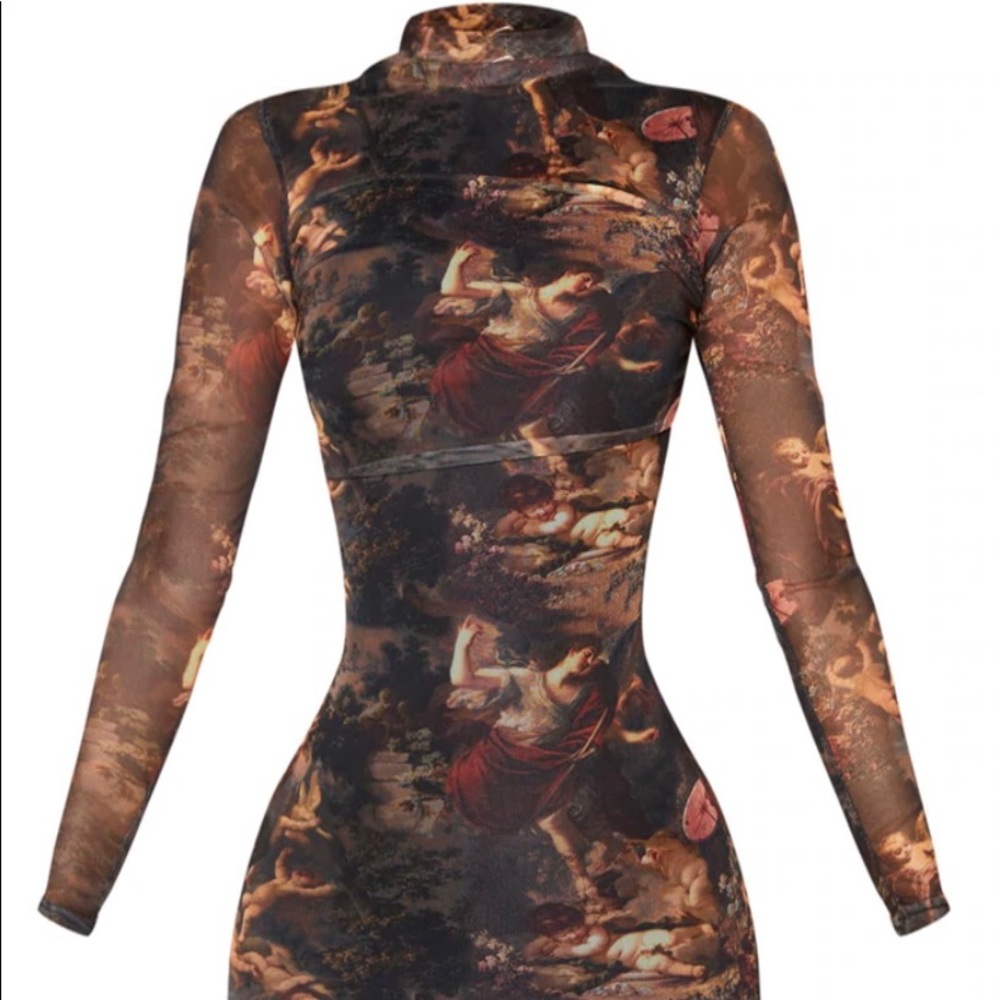 Shape Renaissance Print High Neck Mesh Bodycon